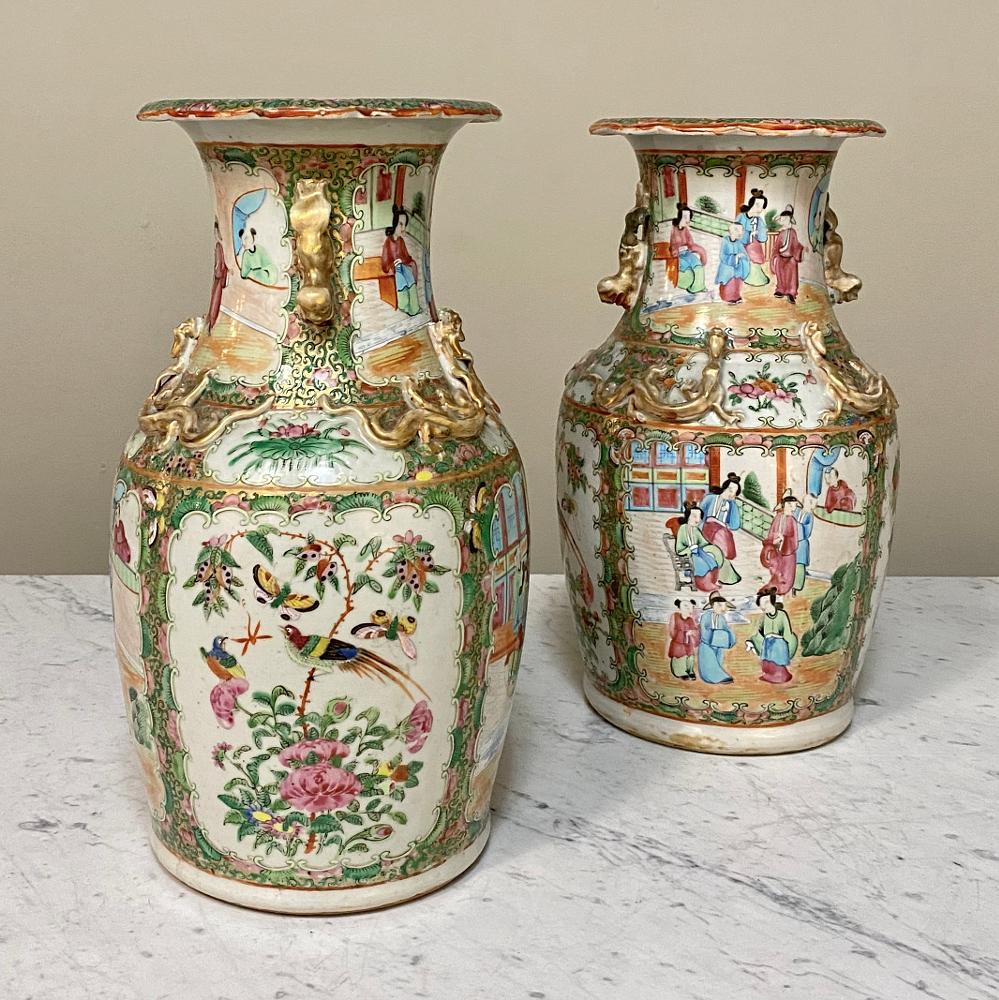 Hand-Painted Pair of 19th Century Rose Medallion Porcelain Vases
