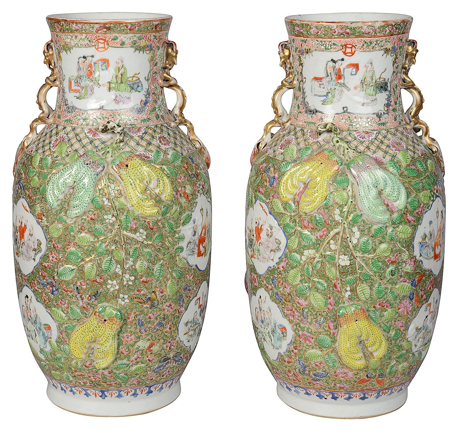 Hand-Painted Pair 19th Century Rose Medallion porcelain vases / lamps. For Sale