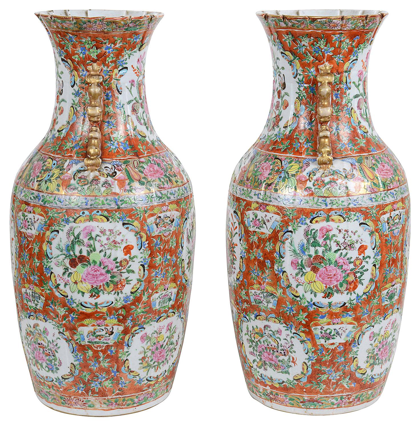 Hand-Painted Pair of 19th Century Rose Medallion Vases / Lamps