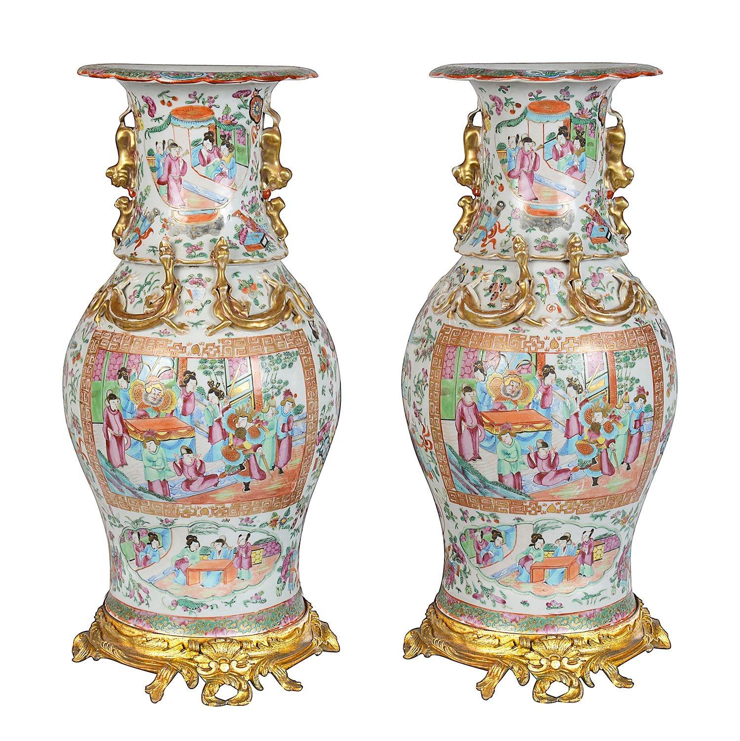 Porcelain Pair 19th Century Rose medallion vases / lamps. For Sale