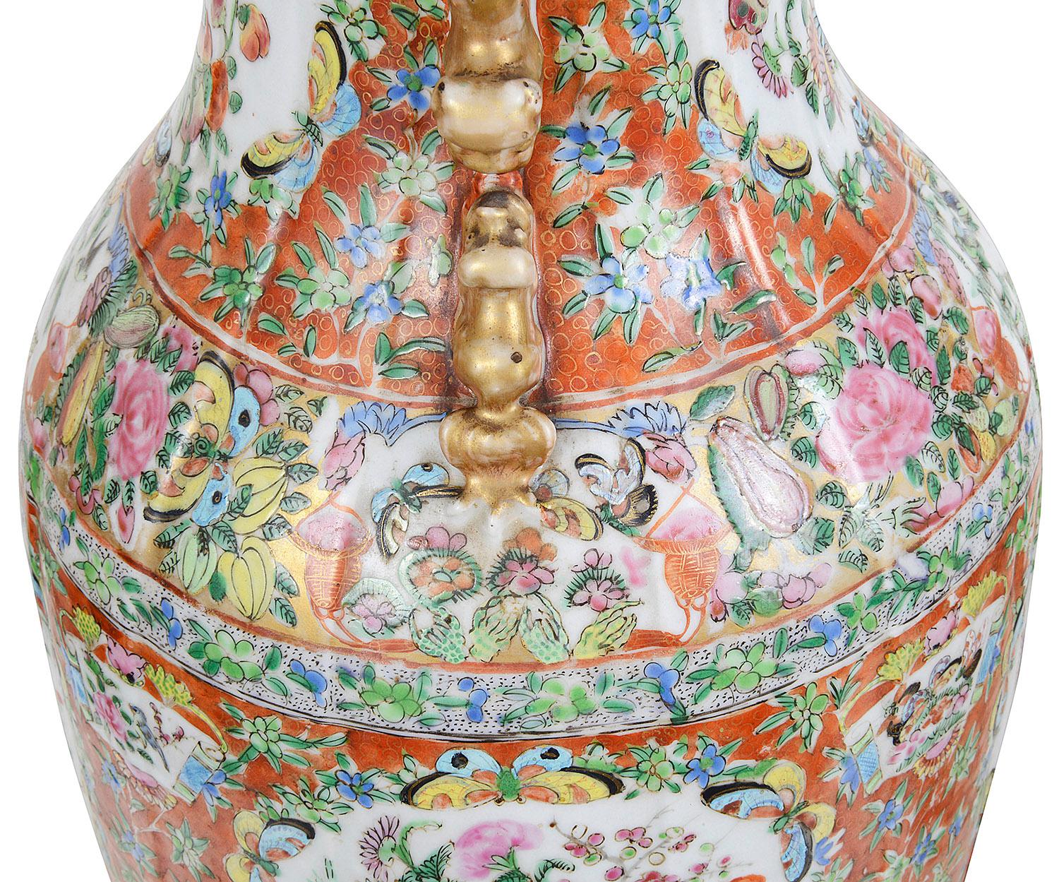 Porcelain Pair of 19th Century Rose Medallion Vases / Lamps