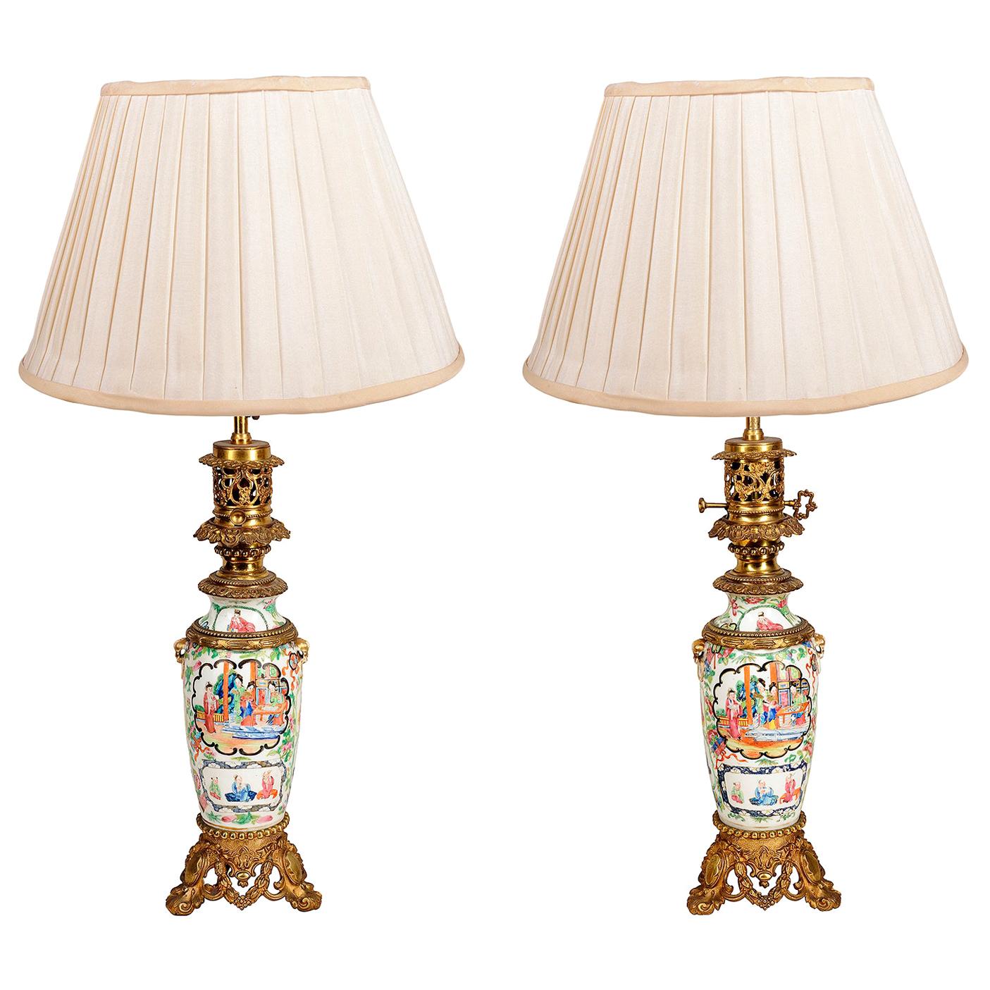 Pair of 19th Century Rose Medallion Vases / Lamps For Sale