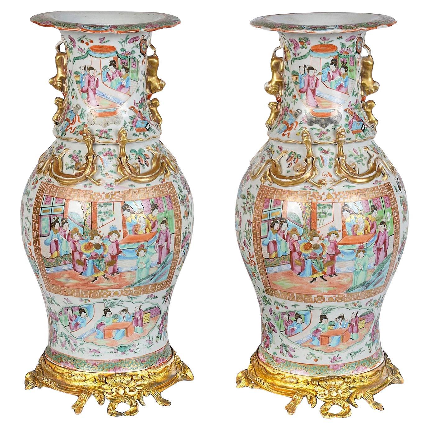 Pair 19th Century Rose medallion vases / lamps.