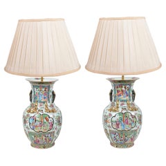 Pair 19th Century Rose medallion vases / lamps.