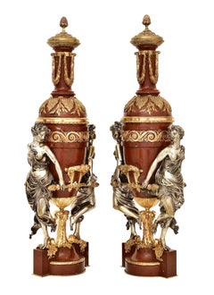 Pair 19th Century Rouge Marble Gilt Silvered Bronze Oil Lamps By Maison Gagne