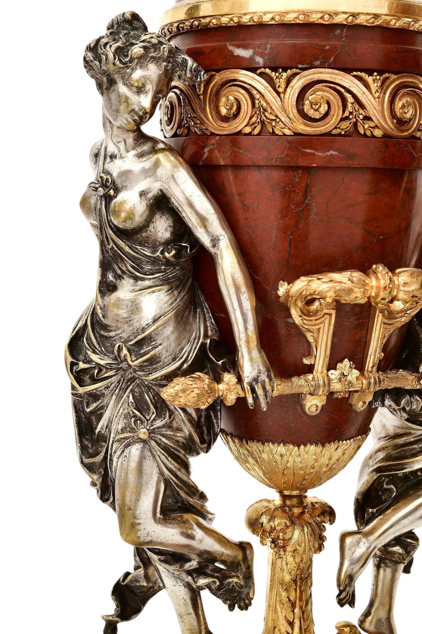 Louis XVI Pair 19th Century Rouge Marble Gilt Silvered Bronze Oil Lamps By Maison Gagne For Sale