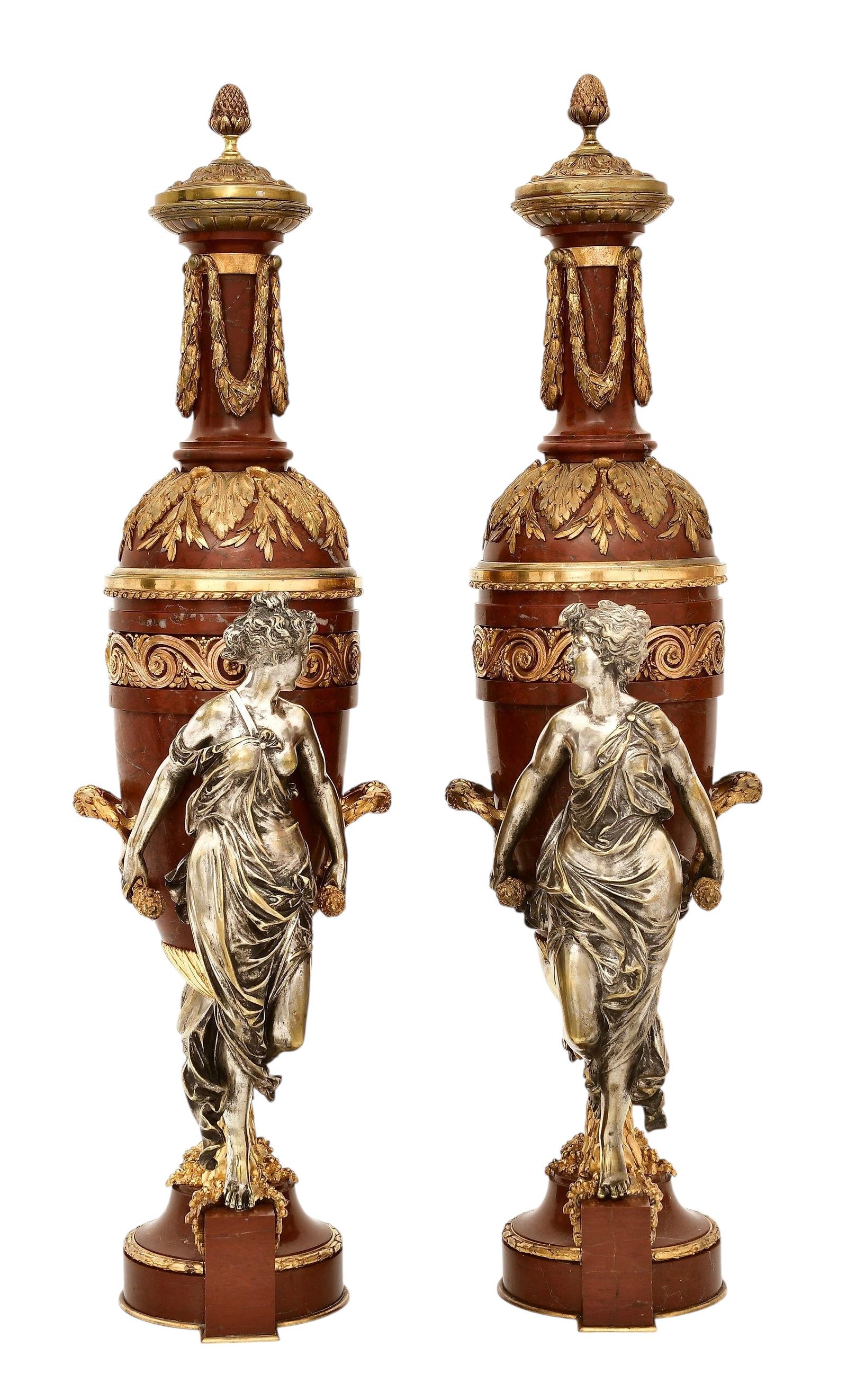 French Pair 19th Century Rouge Marble Gilt Silvered Bronze Oil Lamps By Maison Gagne For Sale