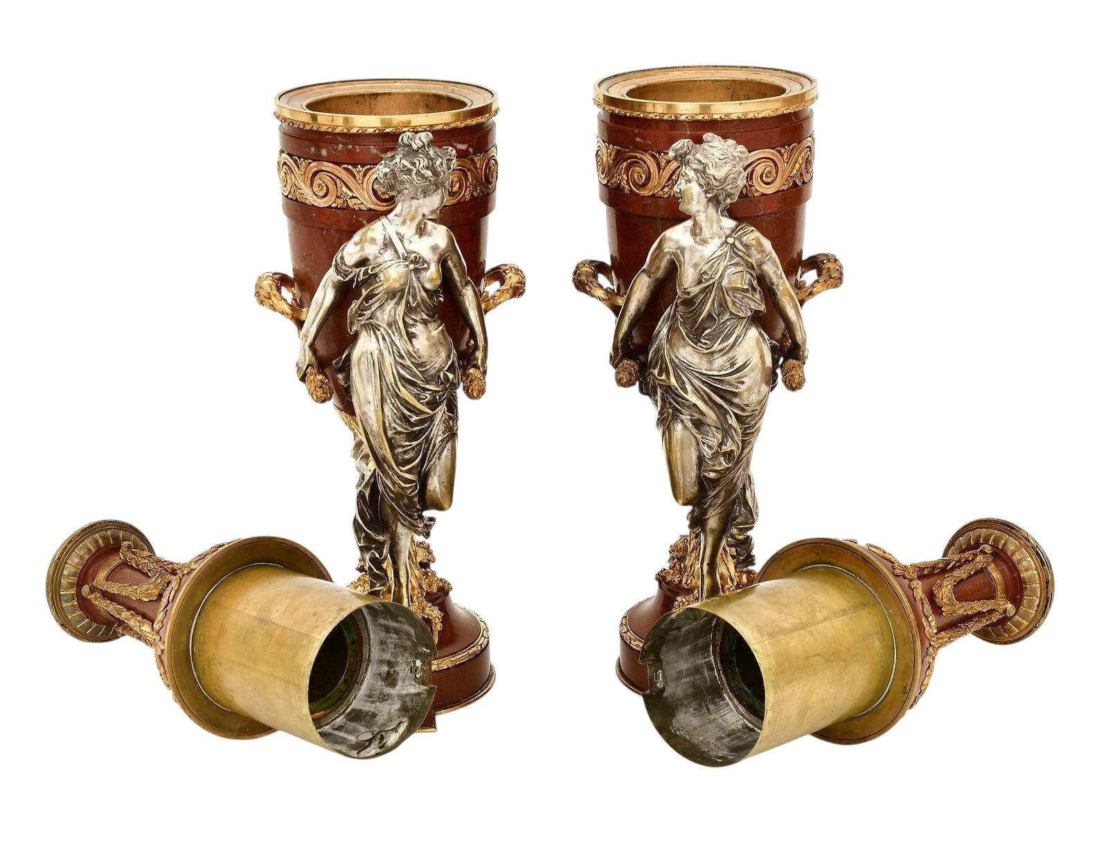 Pair 19th Century Rouge Marble Gilt Silvered Bronze Oil Lamps By Maison Gagne In Good Condition For Sale In New York, NY