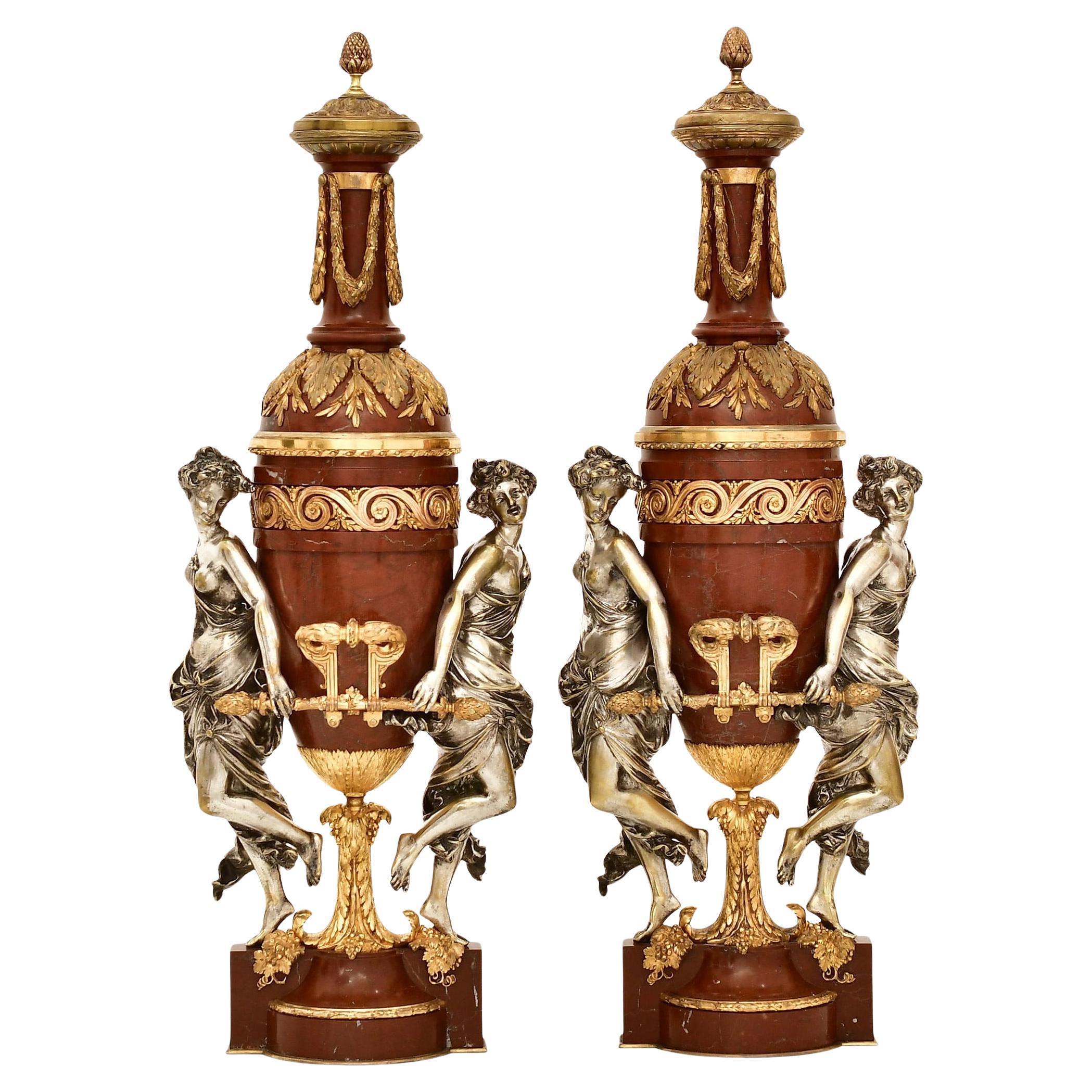 Pair 19th Century Rouge Marble Gilt Silvered Bronze Oil Lamps By Maison Gagne For Sale