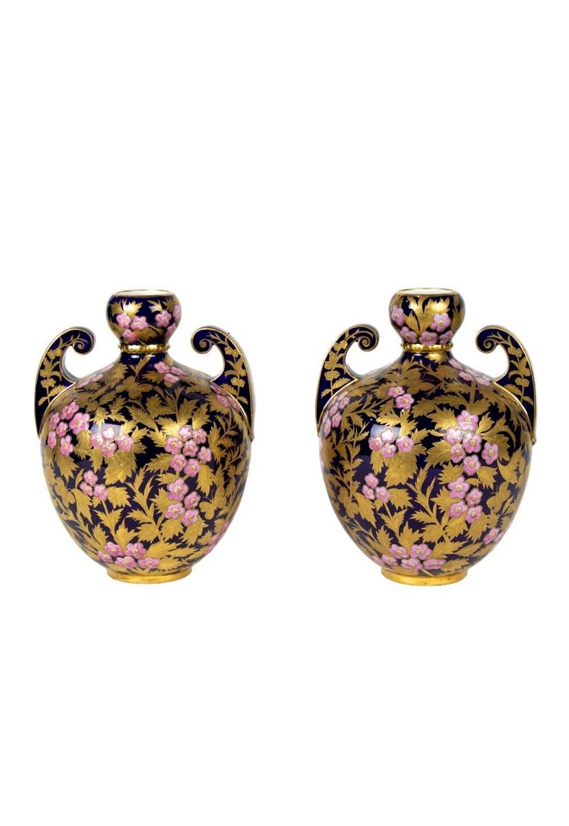 Pair 19th Century Royal Crown Derby Cobalt Pink Heavily Gilt Encrusted Vases In Good Condition In West Palm Beach, FL