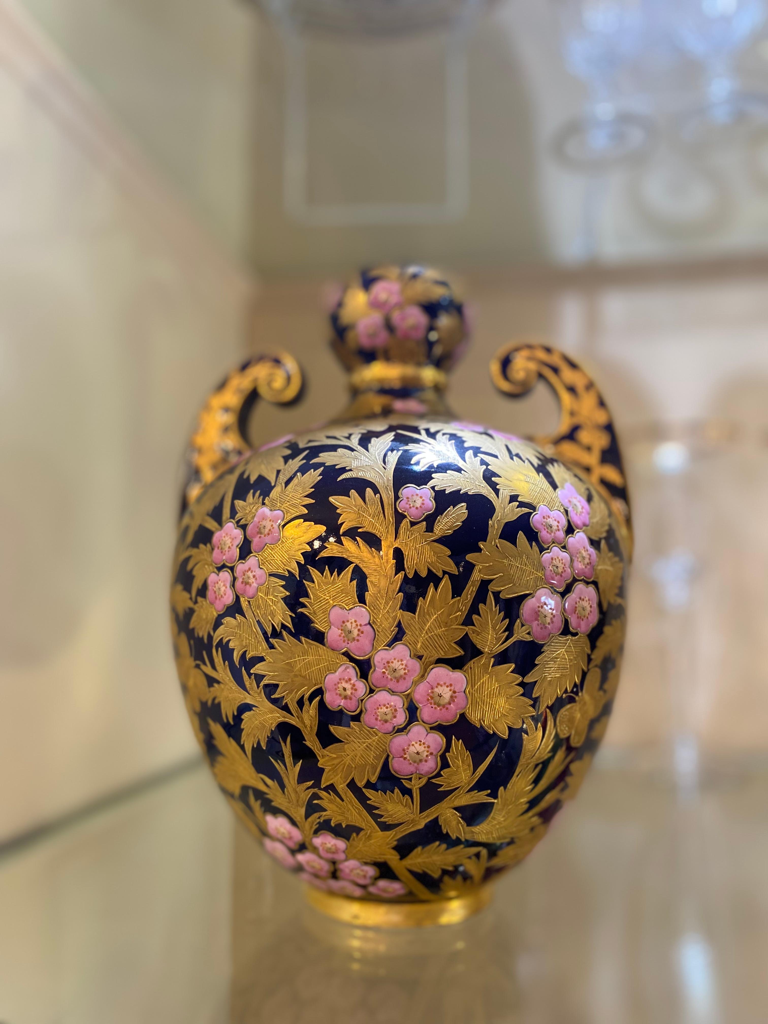 Late 19th Century Pair 19th Century Royal Crown Derby Cobalt Pink Heavily Gilt Encrusted Vases