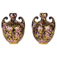 Antique Pair 19th Century Royal Crown Derby Cobalt Pink Heavily Gilt Encrusted Vases