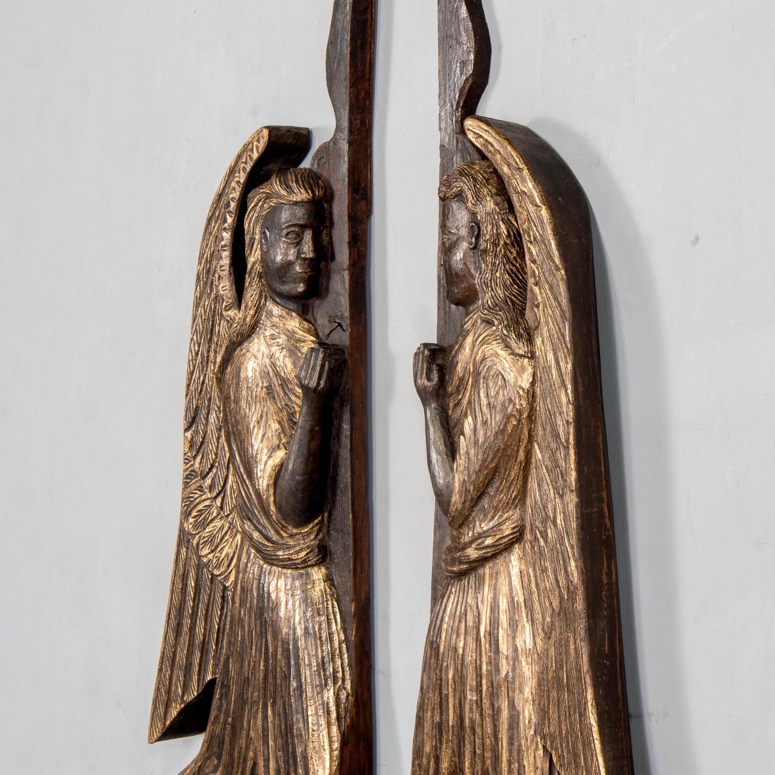 Wood Pair of 19th Century Scottish Chip Carved Angels with Gilt Detail