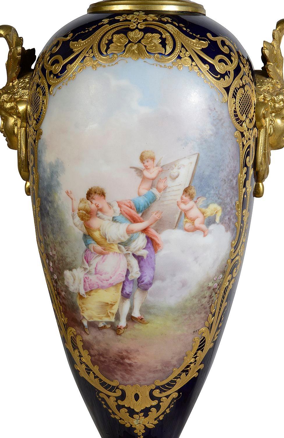 Hand-Painted Pair 19th Century Serves style lidded vases. For Sale