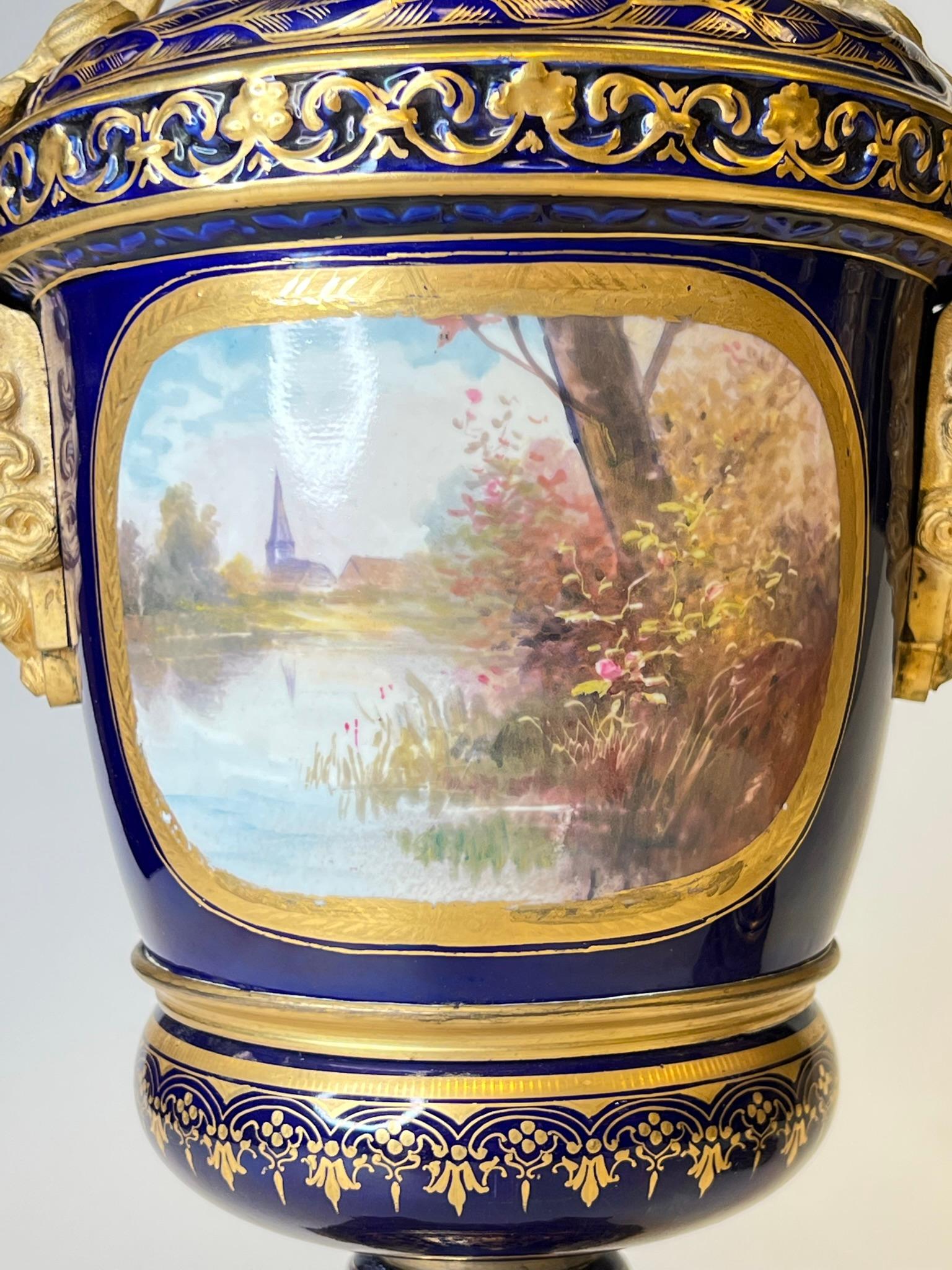 Pair 19th Century Sevres Style Gilt Bronze Mounted Urns in Louis XVI Style For Sale 6
