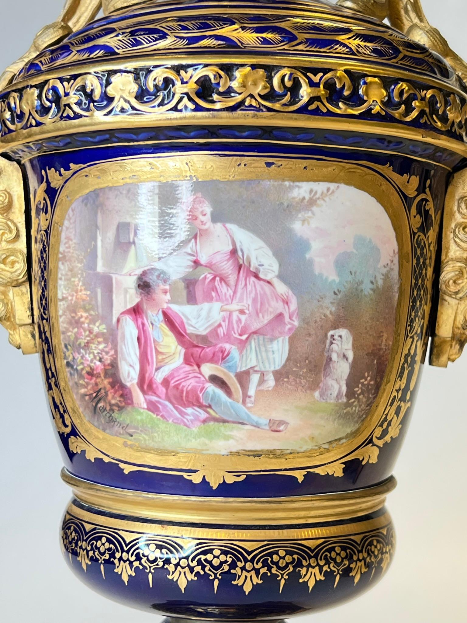 Pair 19th Century Sevres Style Gilt Bronze Mounted Urns in Louis XVI Style For Sale 7