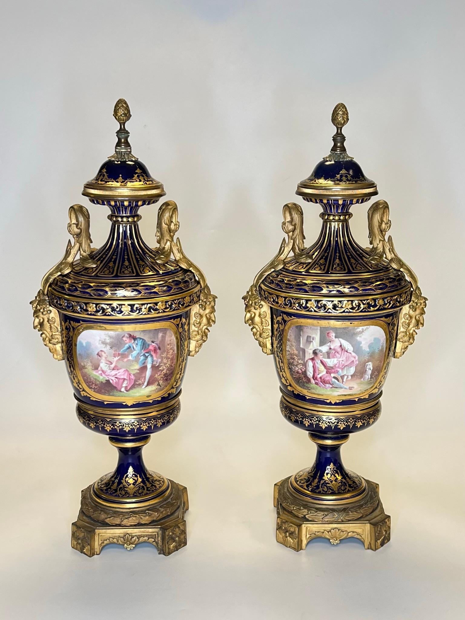 Pair 19th Century Sevres Style Gilt Bronze Mounted Urns in Louis XVI Style For Sale 11