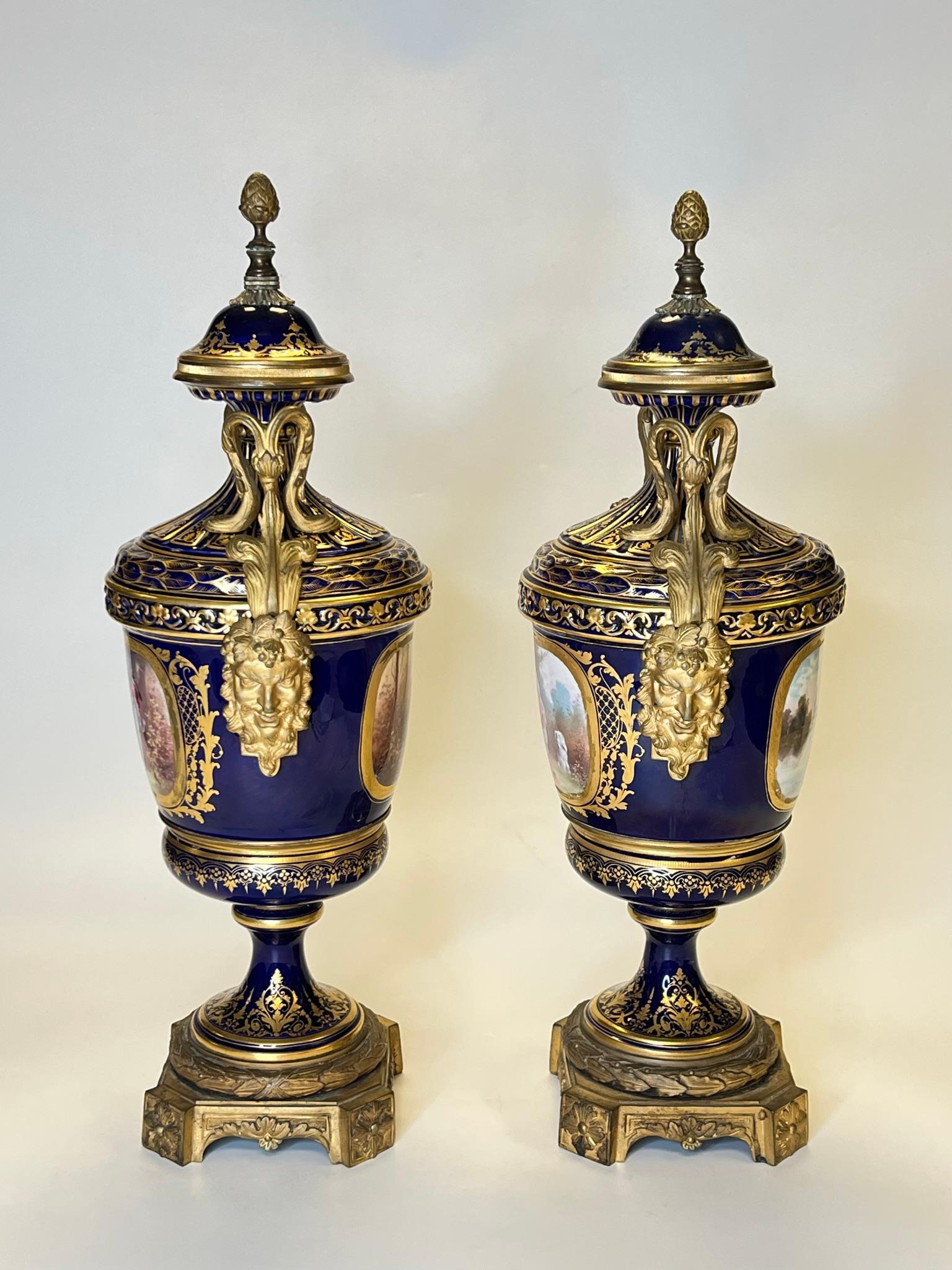 Pair 19th Century Sevres Style Gilt Bronze Mounted Urns in Louis XVI Style For Sale 12