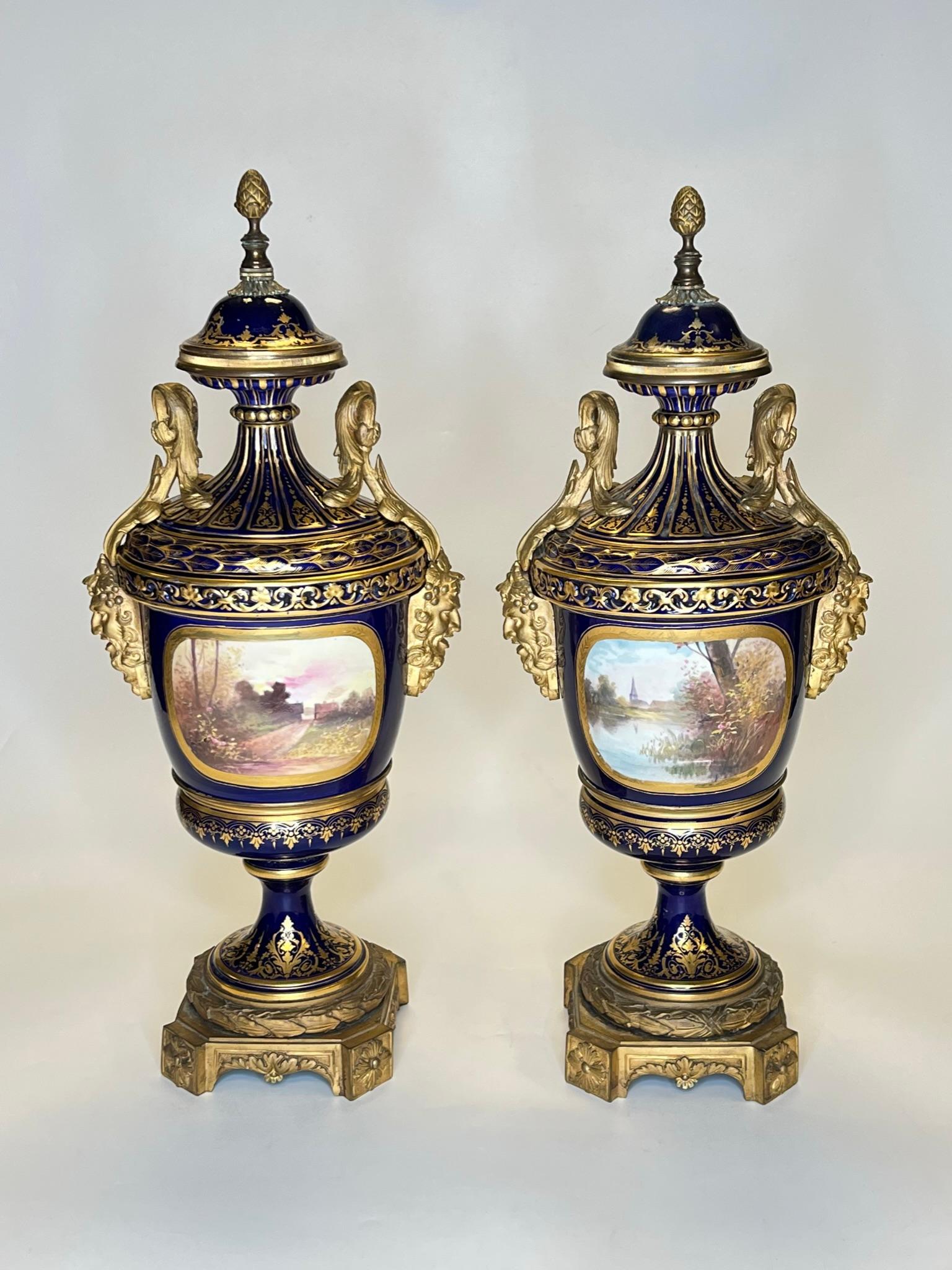 Pair 19th Century Sevres Style Gilt Bronze Mounted Urns in Louis XVI Style For Sale 13