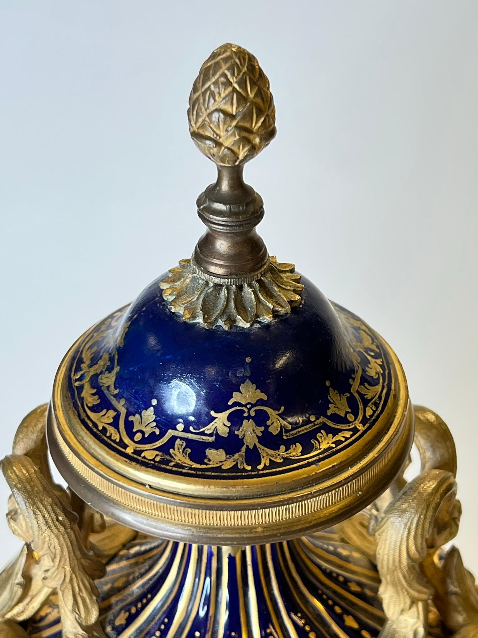 Pair 19th Century Sevres Style Gilt Bronze Mounted Urns in Louis XVI Style For Sale 3