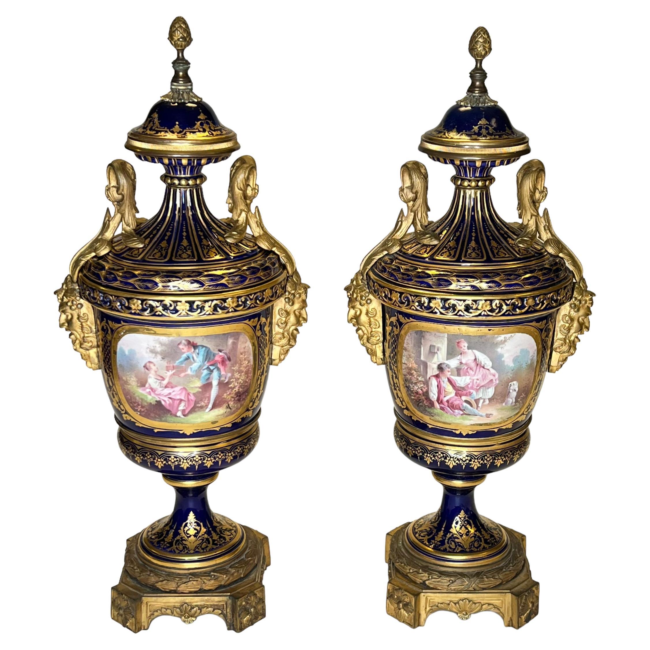 Pair 19th Century Sevres Style Gilt Bronze Mounted Urns in Louis XVI Style