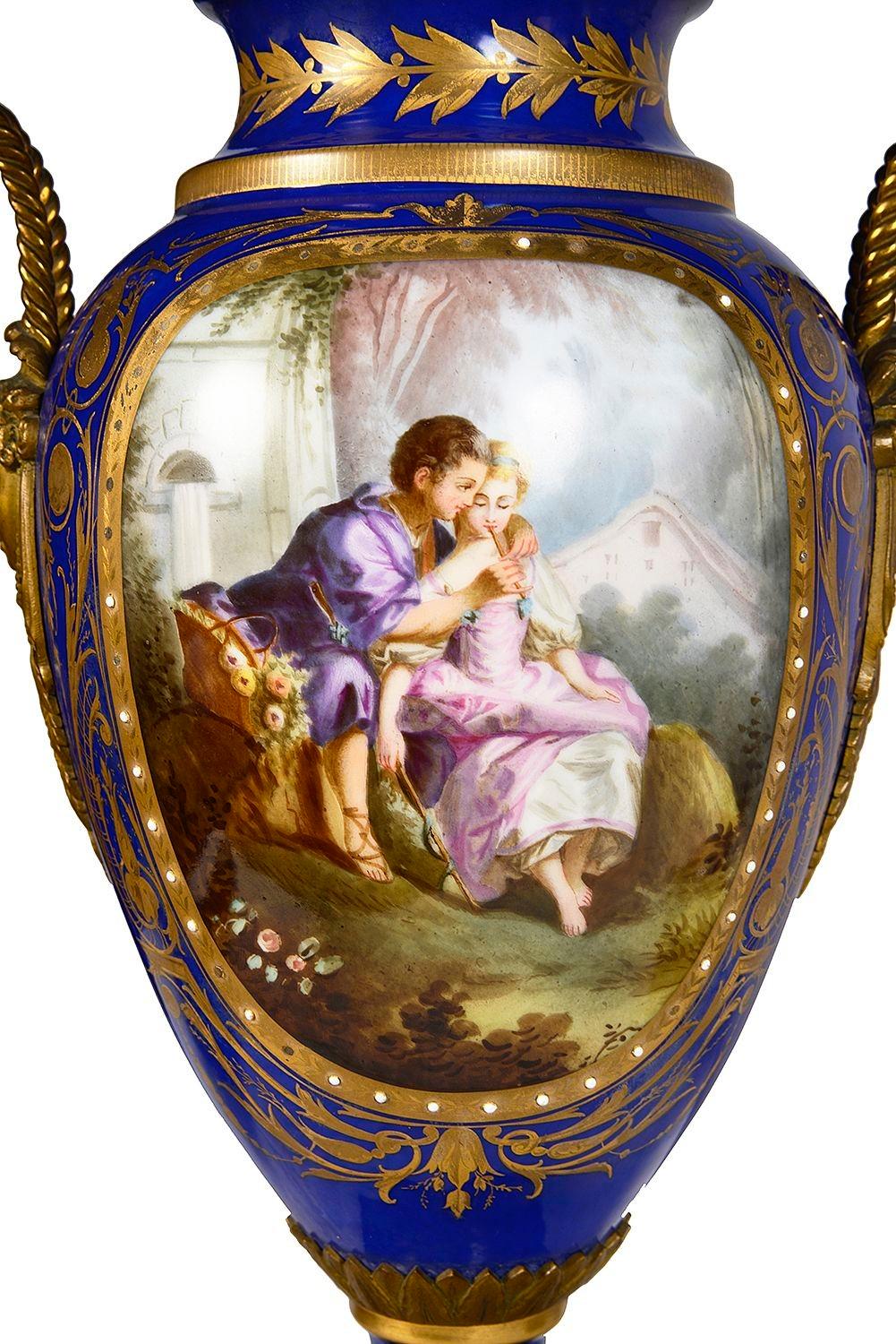 Hand-Painted Pair 19th Century Sevres style lidded vases. For Sale