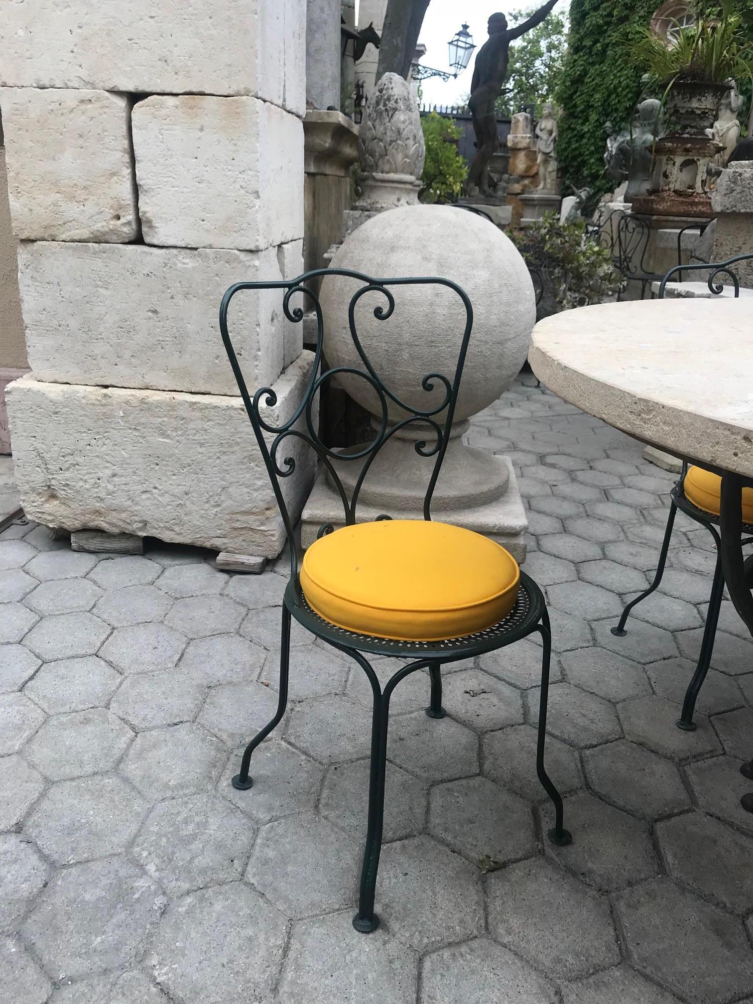 A beautiful 19th century pair of small side garden patio iron metal chairs with old paint. you find similar style in provence the south of France. Antiques dealer Los Angeles CA West Hollywood la cienega Melrose Ave Beverly Hills. This pair would be