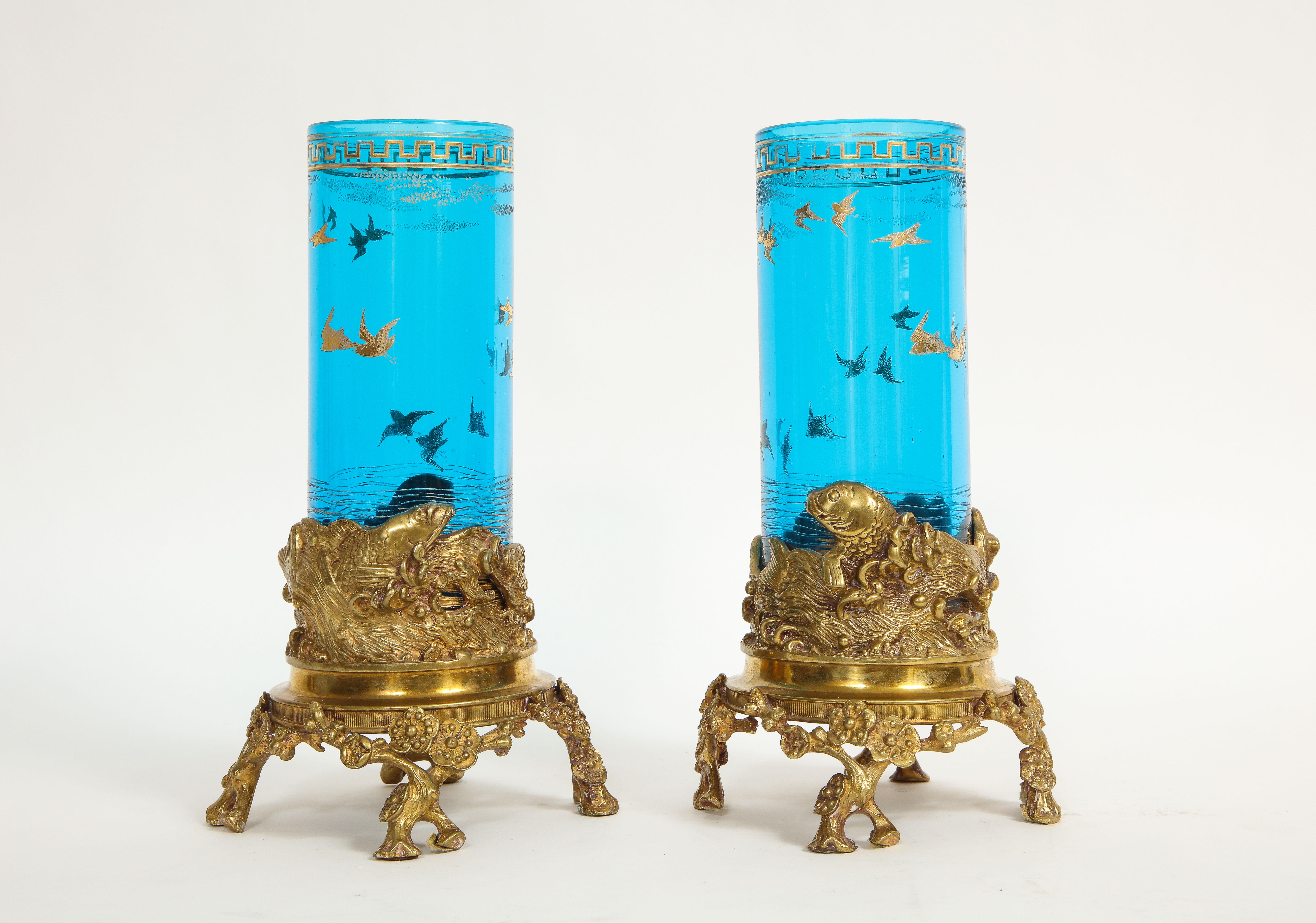 Other Pair 19th Century Signed Baccarat Dore Bronze Mounted Blue Crystal Etched Vases