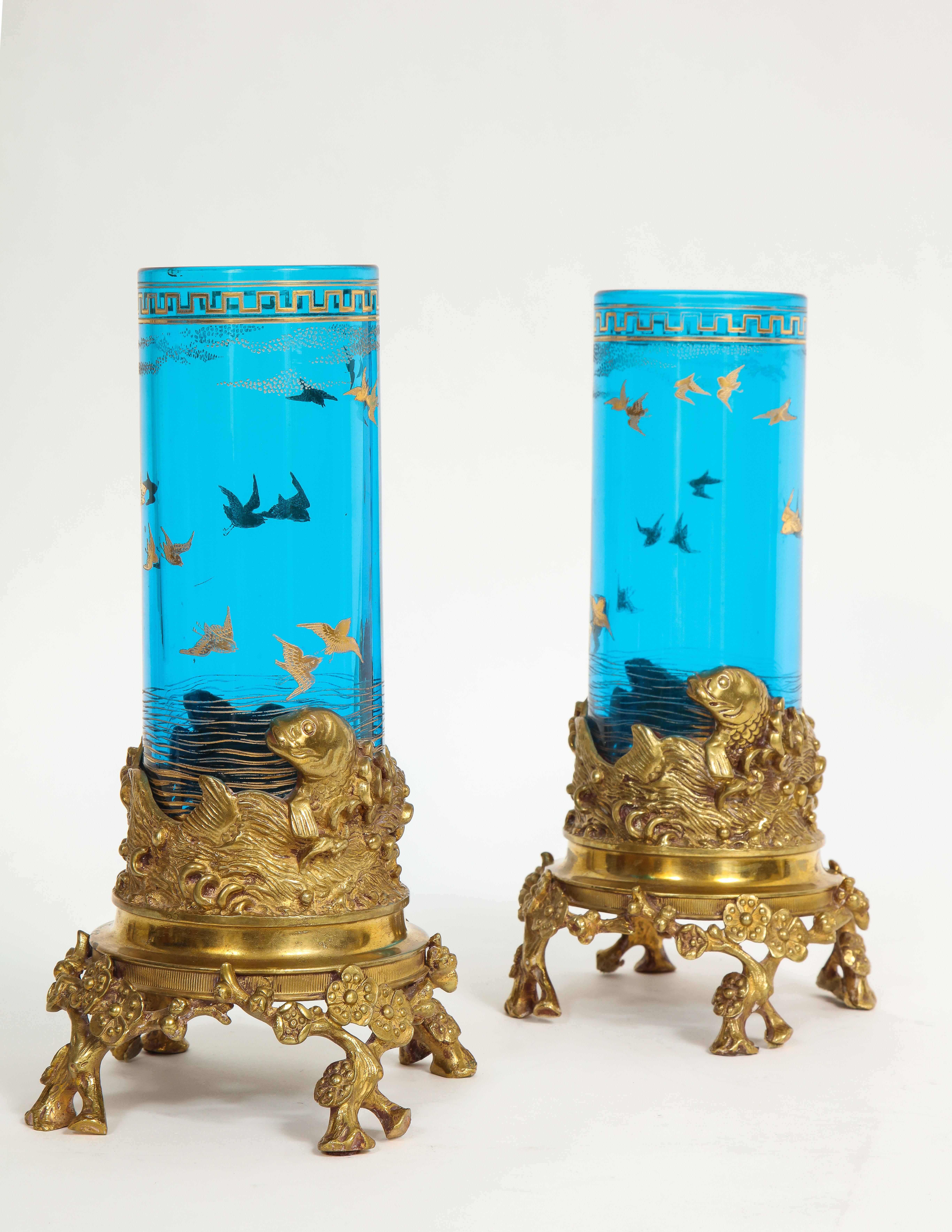 Pair 19th Century Signed Baccarat Dore Bronze Mounted Blue Crystal Etched Vases In Good Condition In New York, NY