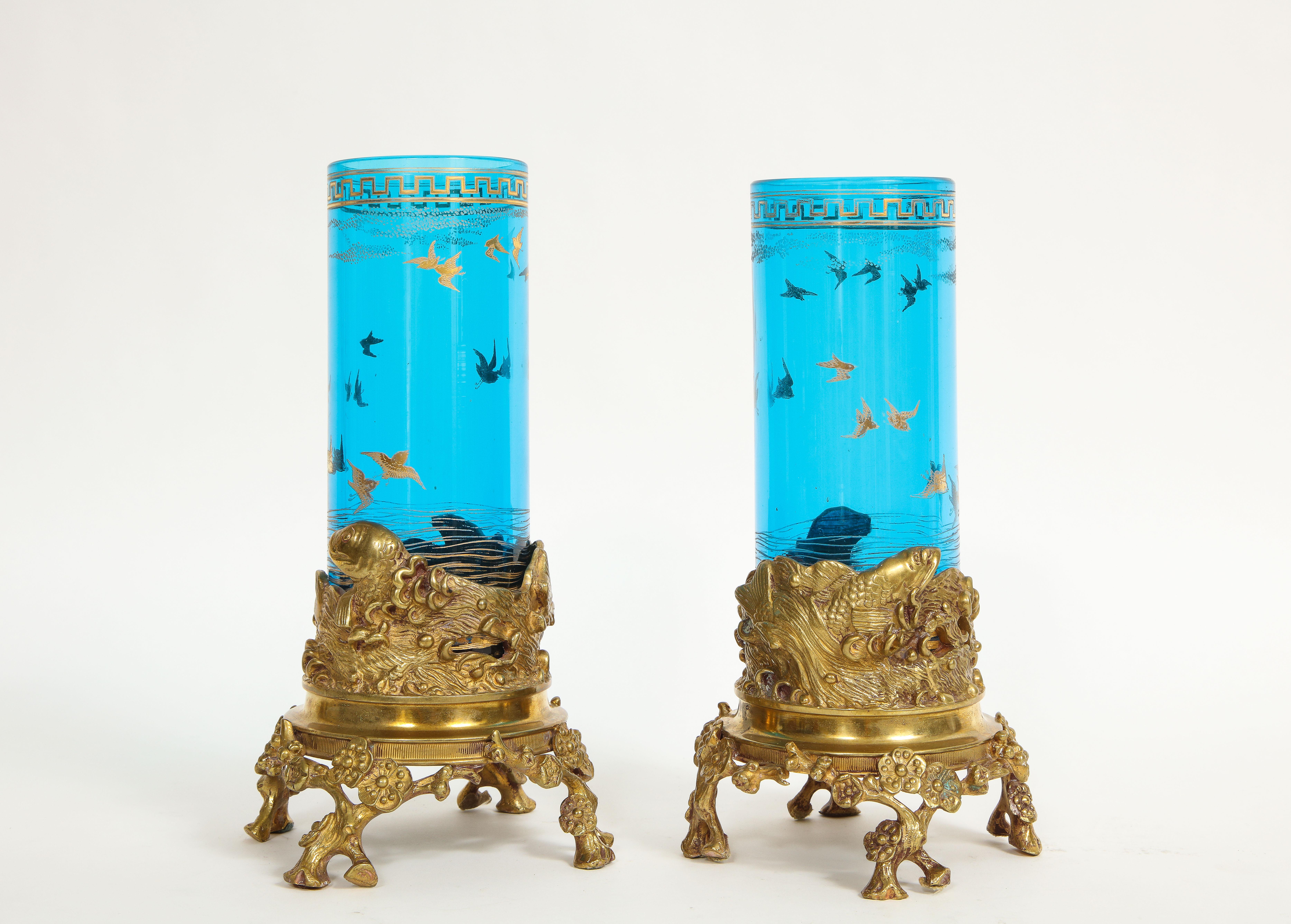 Late 19th Century Pair 19th Century Signed Baccarat Dore Bronze Mounted Blue Crystal Etched Vases