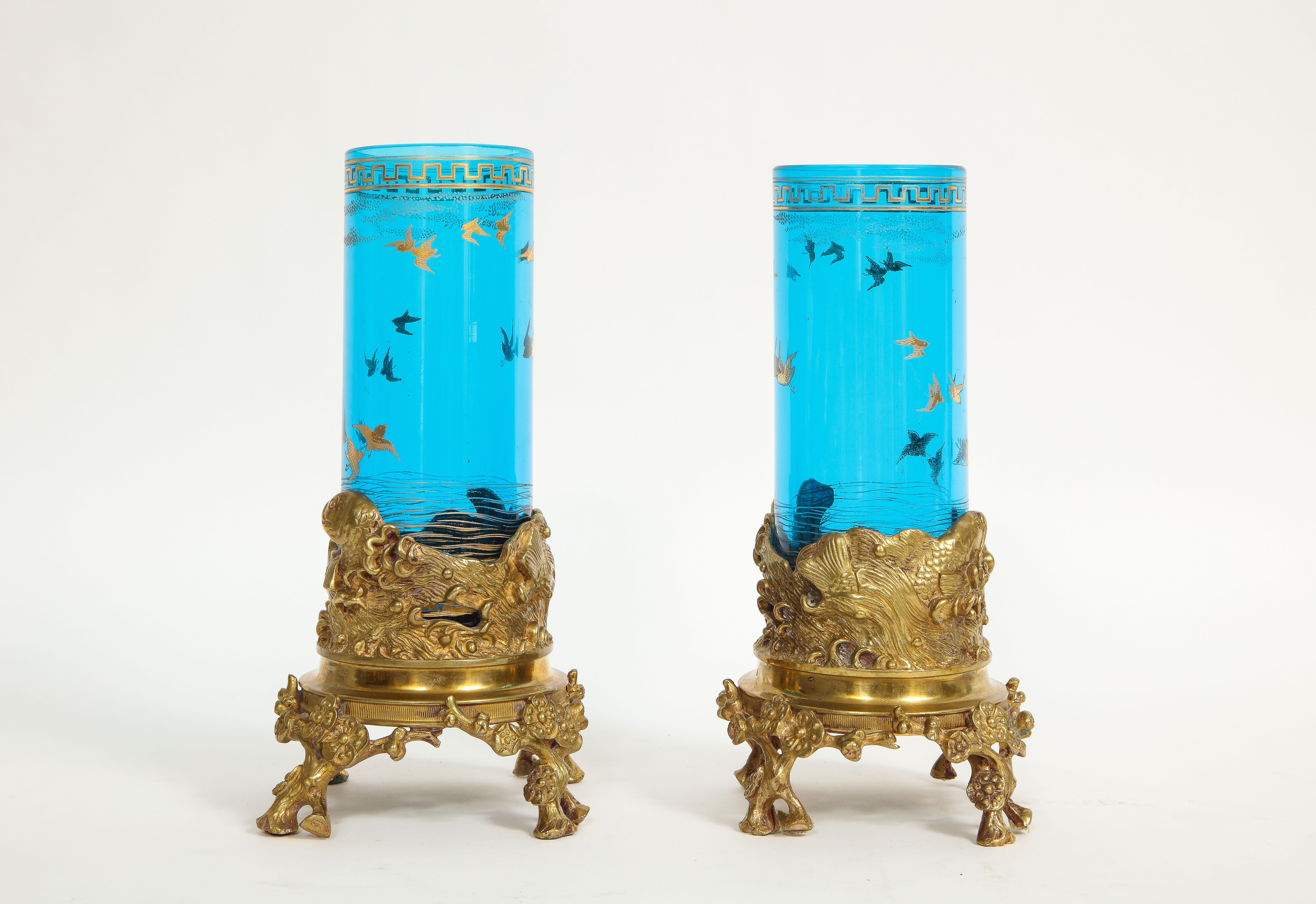 Pair 19th Century Signed Baccarat Dore Bronze Mounted Blue Crystal Etched Vases 1