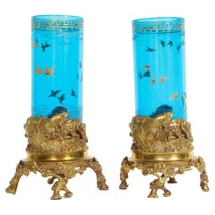 Pair 19th Century Signed Baccarat Dore Bronze Mounted Blue Crystal Etched Vases