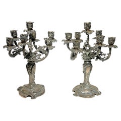 Pair 19th Century Silvered Bronze Candelabra in French Rococo Style