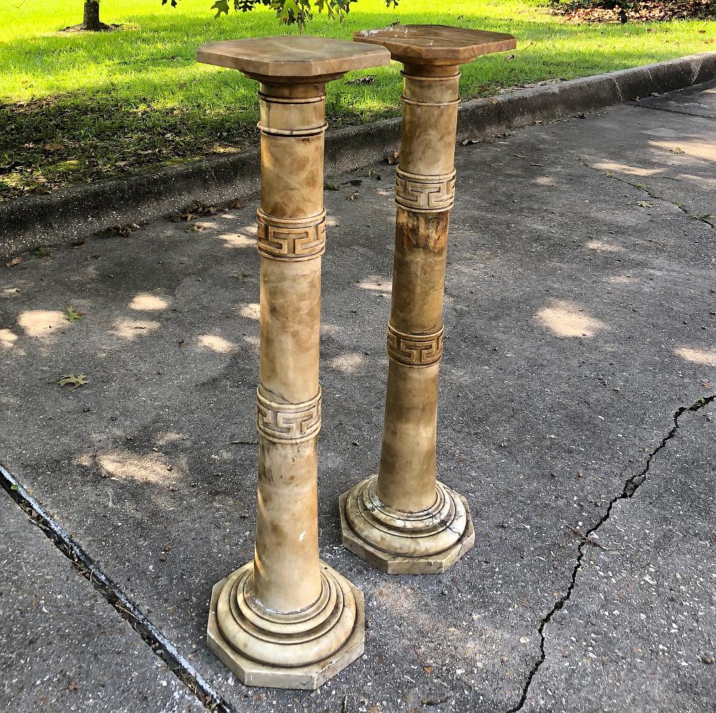 PAIR 19th century solid marble Louis XVI Pedestals ~ Columns were designed to provide symmetry while displaying a particularly special work of art, sculpture, vase or other keepsake. Designed in the neoclassical style, each features a hand-carved
