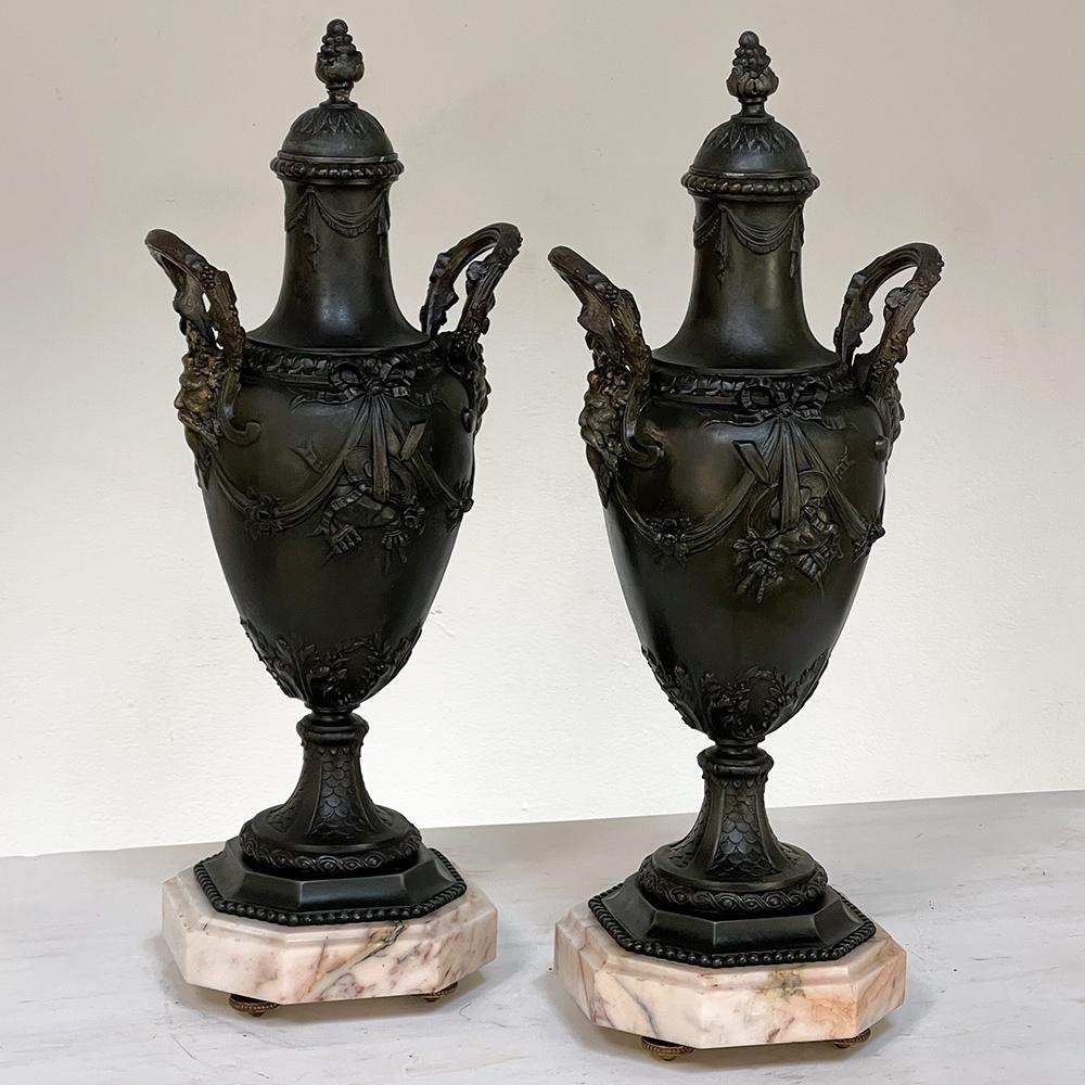 Pair 19th century Spelter & Marble Mantel Urns ~ Cassolettes are the epitome of late Belle Epoque neoclassicism, and were meant for decorative purposes only. The classic Greek form has been elaborated by French styling, with elaborate handles and