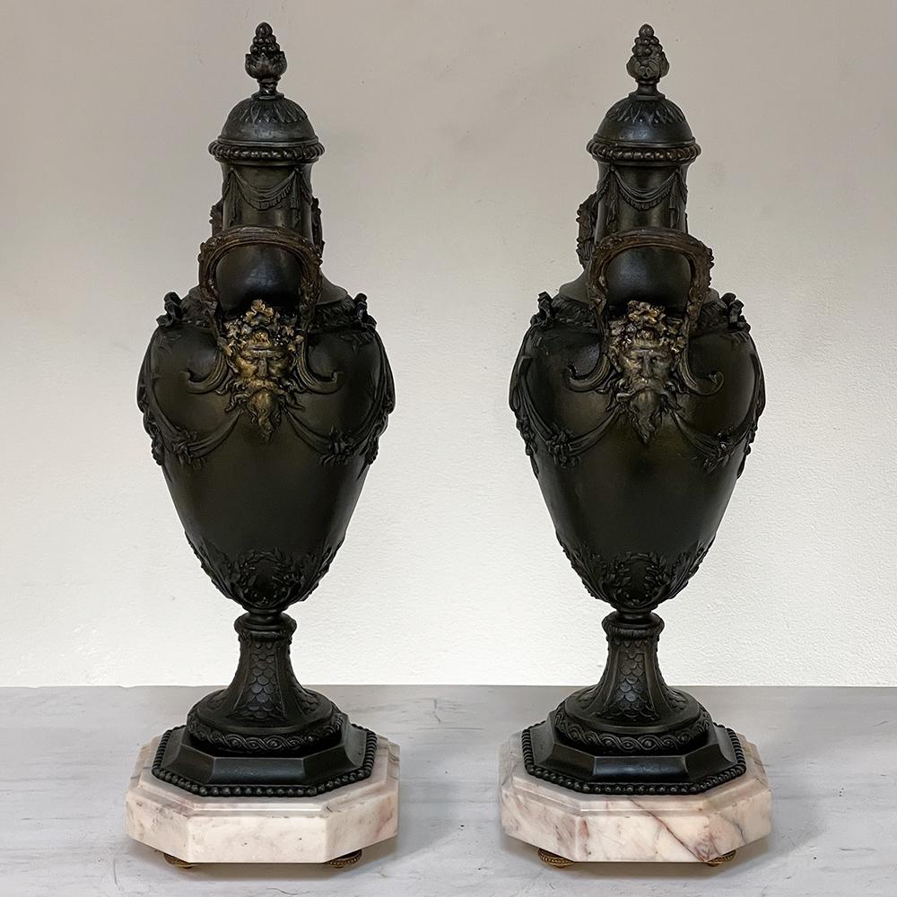 Hand-Crafted Pair 19th Century Spelter & Marble Mantel Urns ~ Cassolettes For Sale