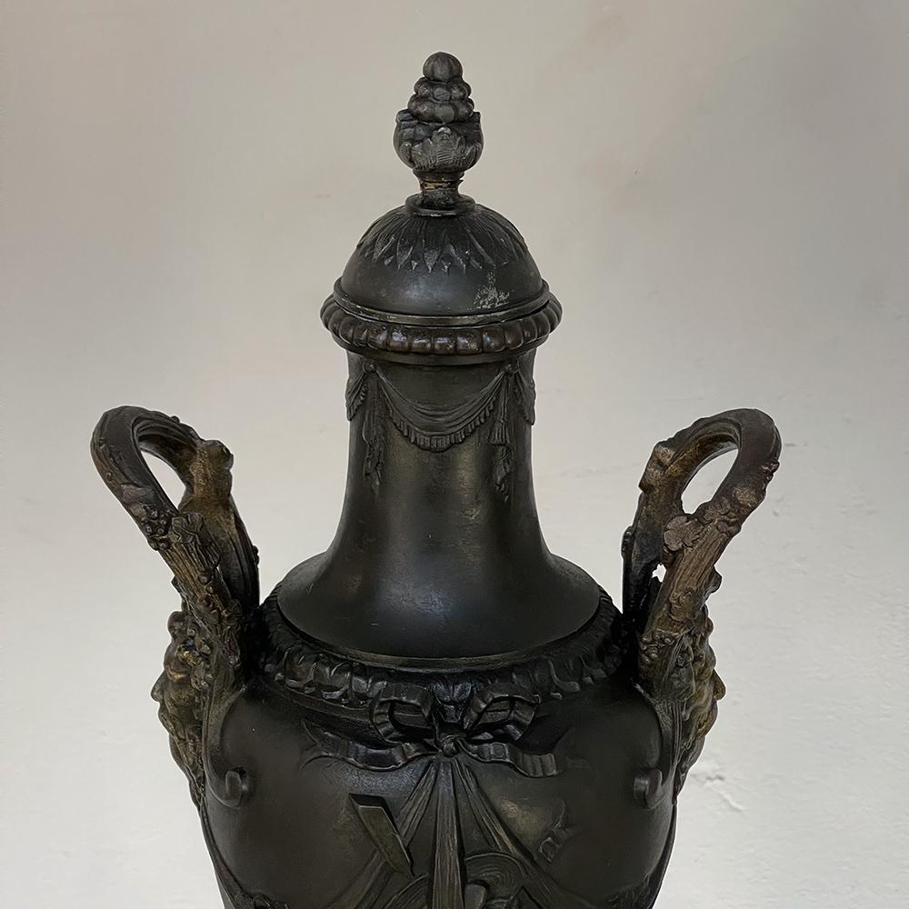 Pair 19th Century Spelter & Marble Mantel Urns ~ Cassolettes In Good Condition For Sale In Dallas, TX