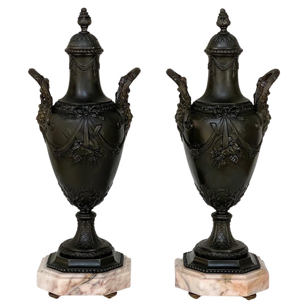 Pair 19th Century Spelter & Marble Mantel Urns ~ Cassolettes