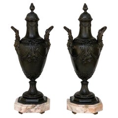 Antique Pair 19th Century Spelter & Marble Mantel Urns ~ Cassolettes