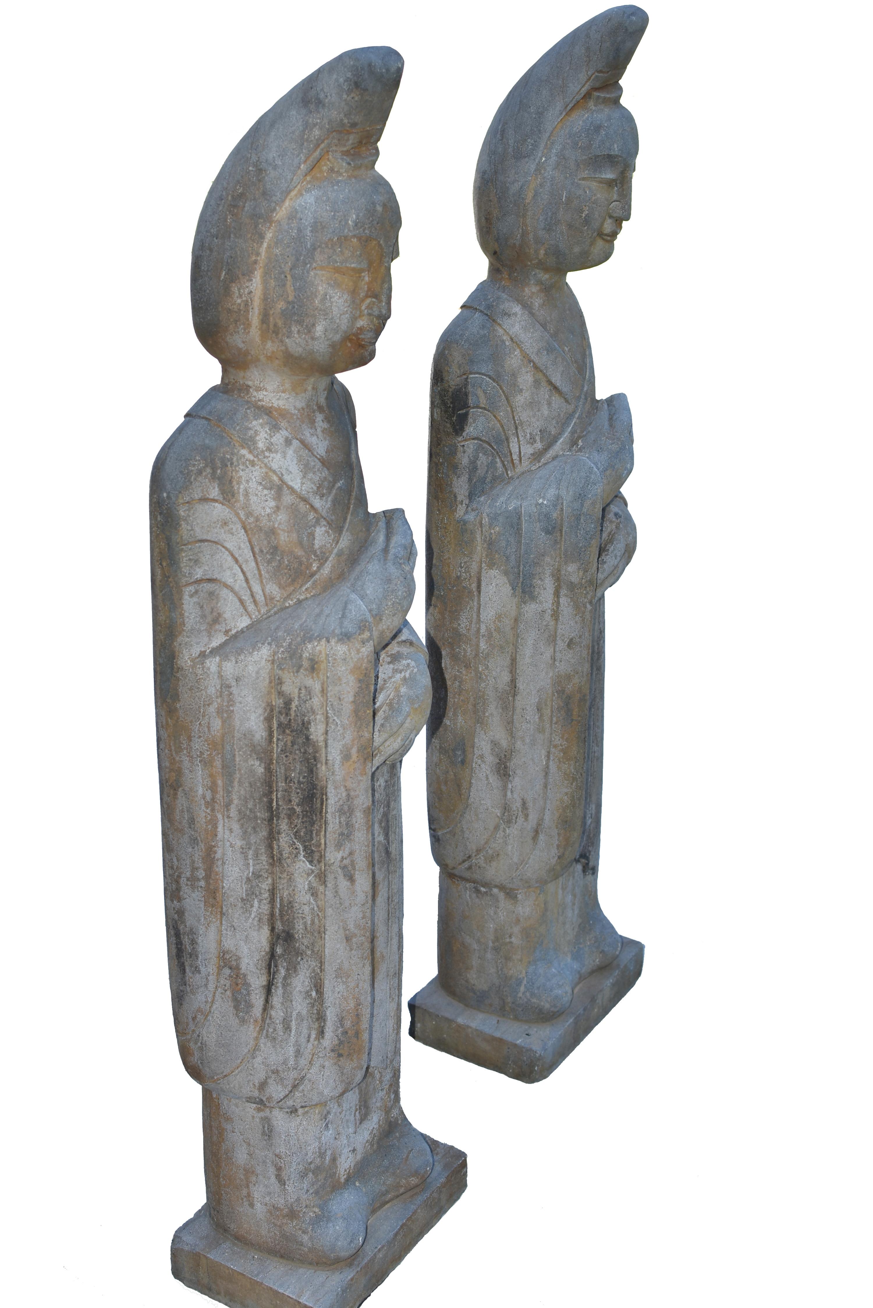 Han Pair of Vintage Stone Court Lady Statues For Sale