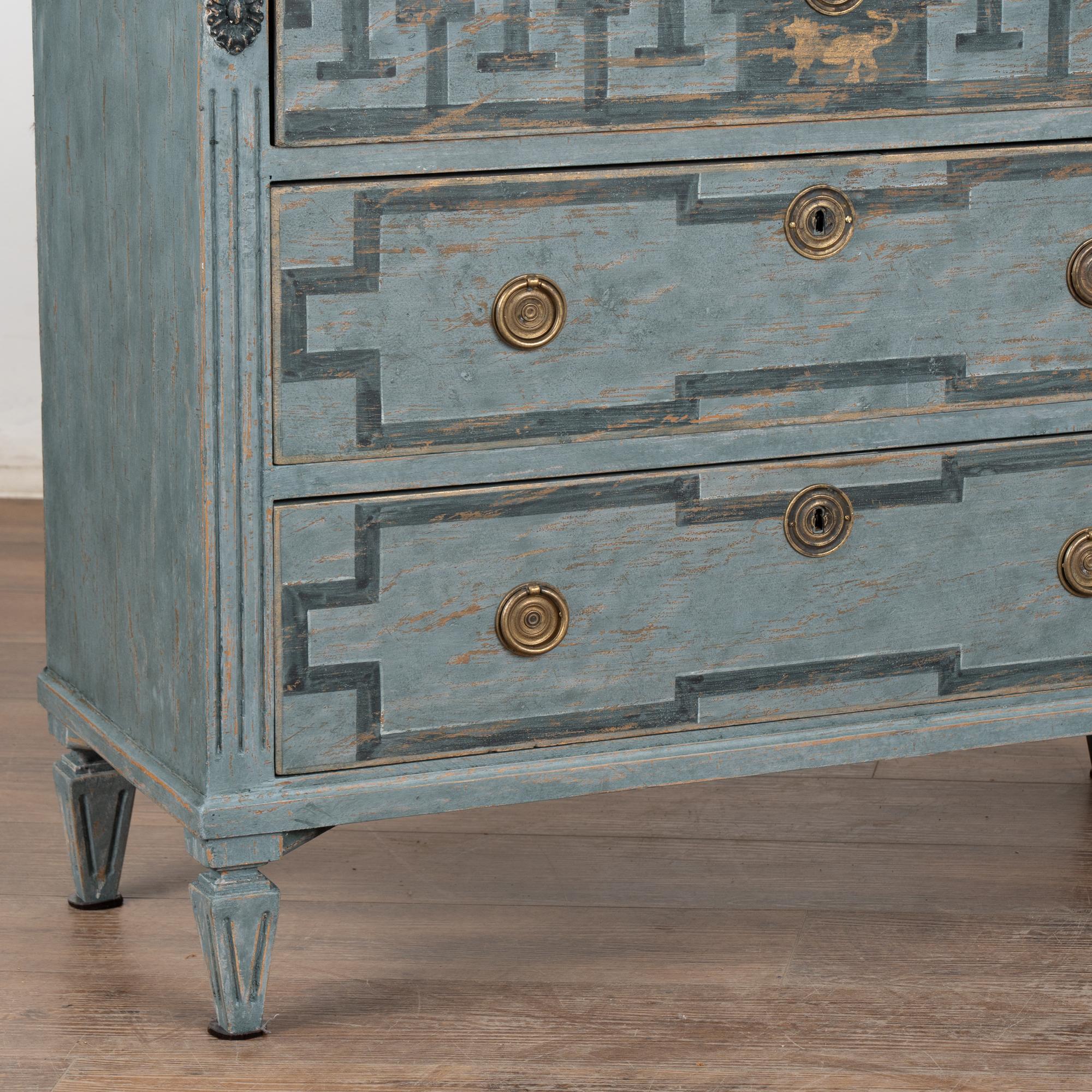 Pair, 19th Century Swedish Blue Gustavian Chest of Three Drawers 8