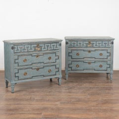 Pair, 19th Century Swedish Blue Gustavian Chest of Three Drawers