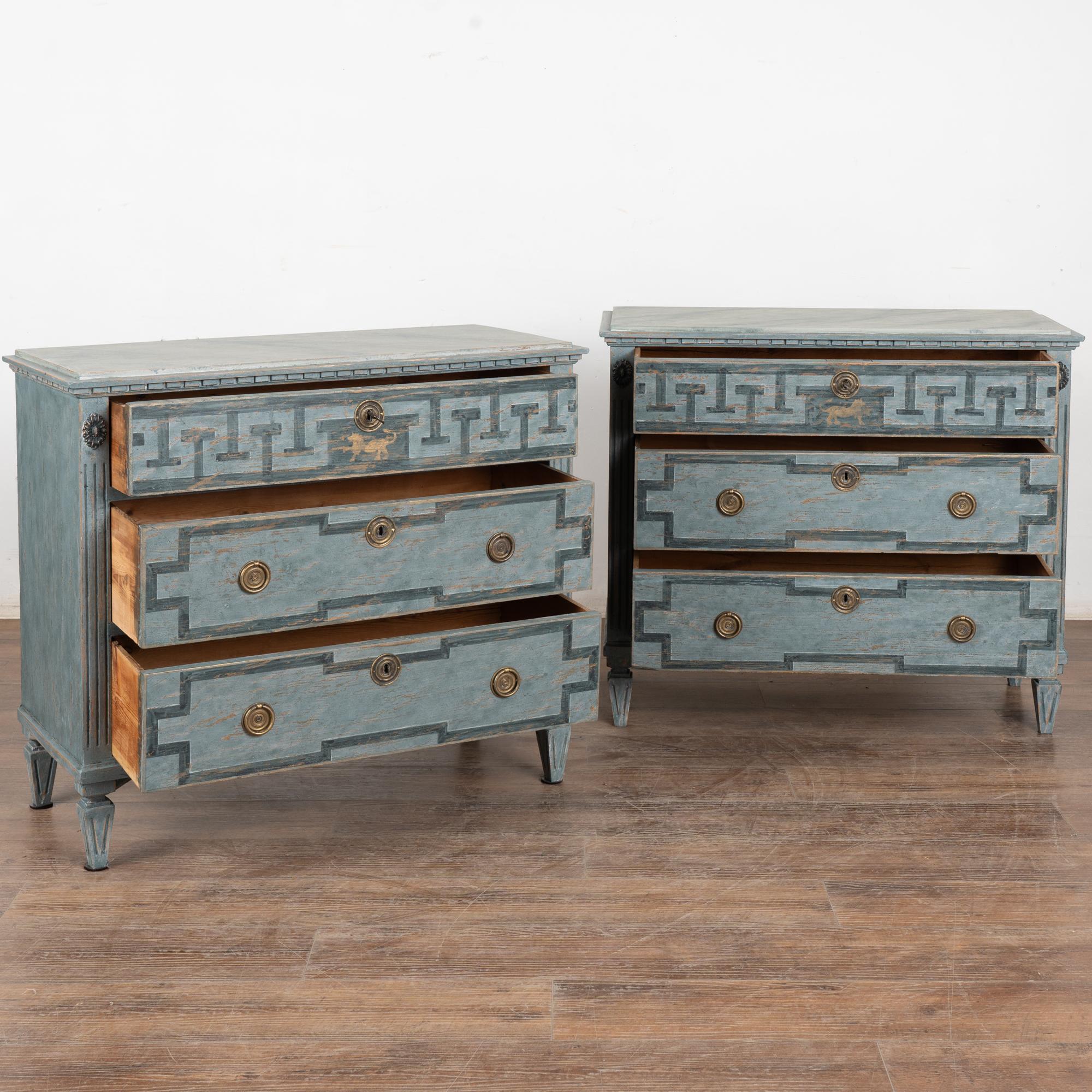 Pair, 19th Century Swedish Blue Gustavian Chest of Three Drawers In Good Condition In Round Top, TX