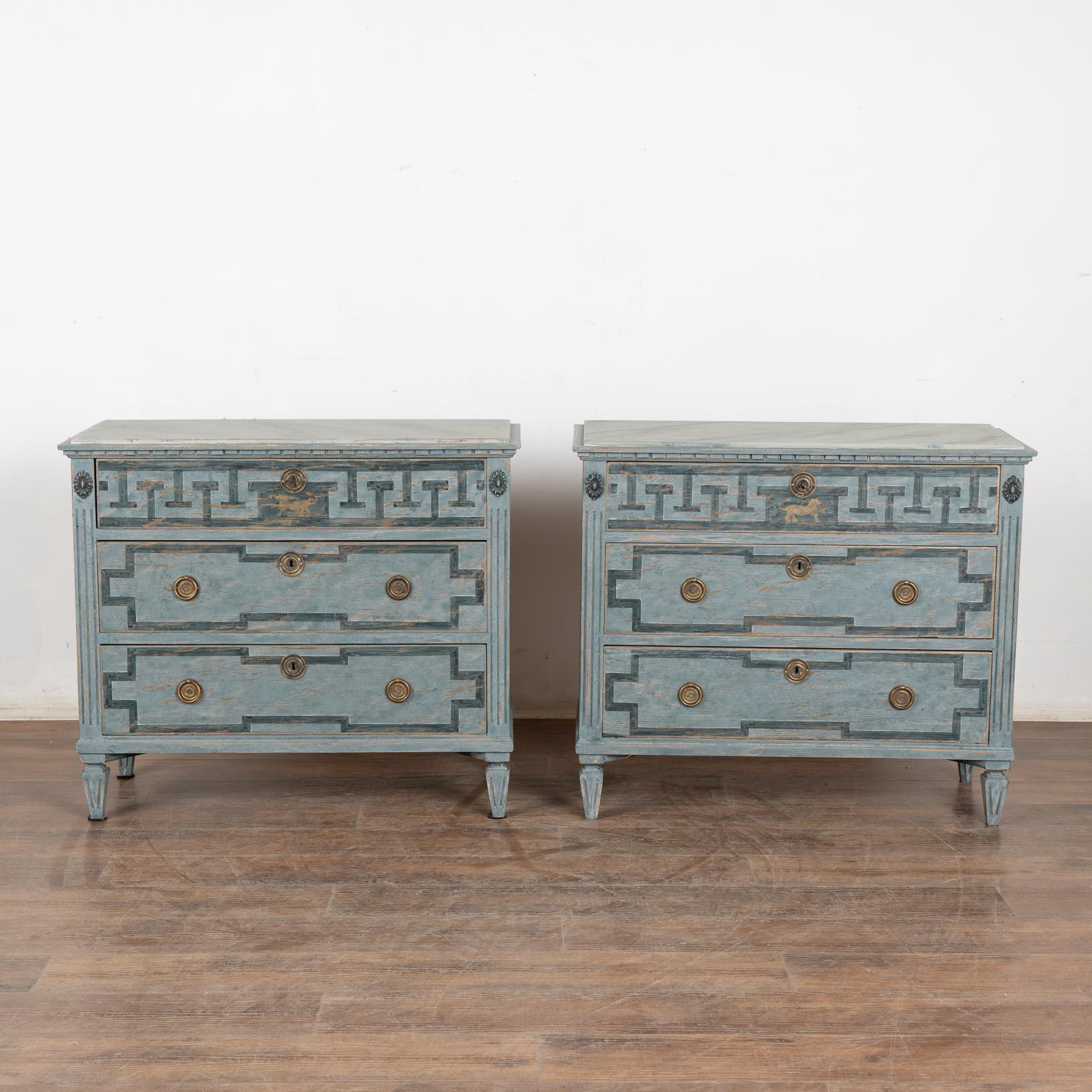 Brass Pair, 19th Century Swedish Blue Gustavian Chest of Three Drawers
