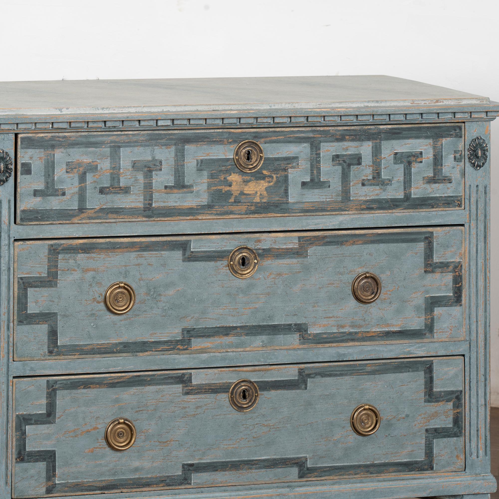 Pair, 19th Century Swedish Blue Gustavian Chest of Three Drawers 5