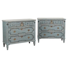 Pair, 19th Century Swedish Blue Gustavian Chest of Three Drawers