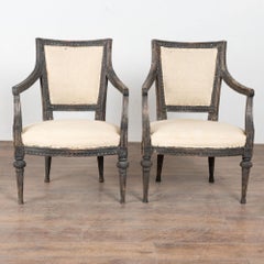 Pair 19th Century Swedish Gustavian Black Painted Carved Armchairs