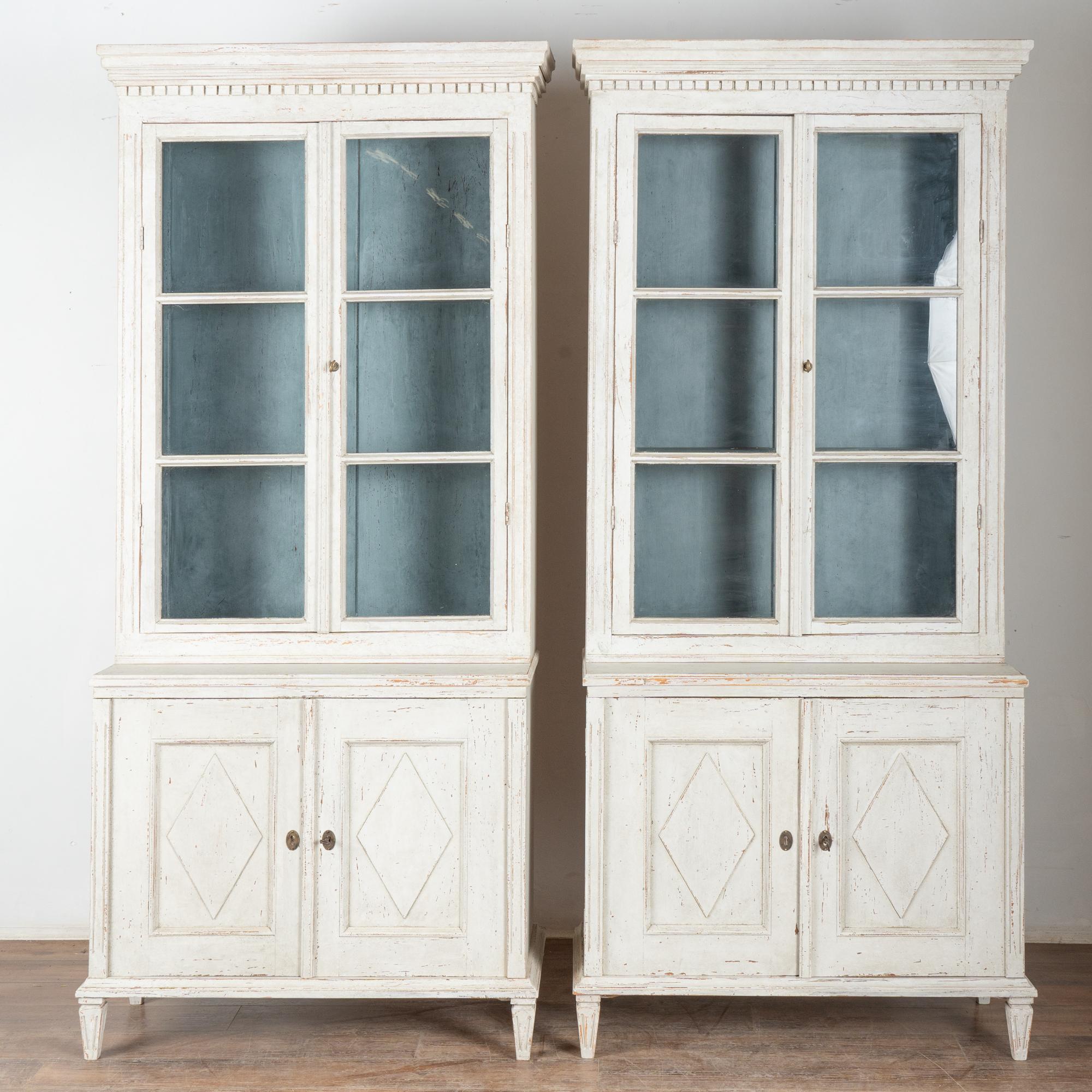 Glass Pair, 19th Century Swedish Gustavian White Narrow Bookcases Display Cabinets