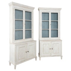 Pair, 19th Century Swedish Gustavian White Narrow Bookcases Display Cabinets