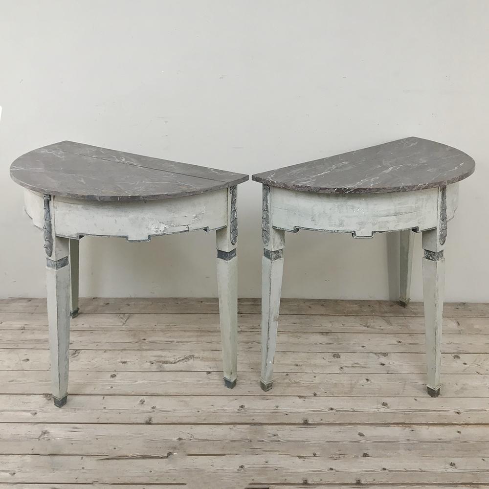 Hand-Painted Pair of 19th Century Swedish Painted Demilune Consoles For Sale